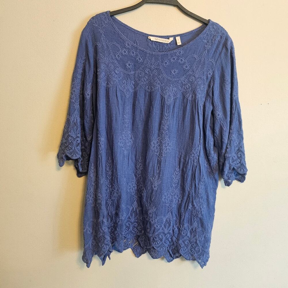 Soft Surroundings Mon Cherie Tunic Cadet Blue Three Quarter Sleeve Small Lace